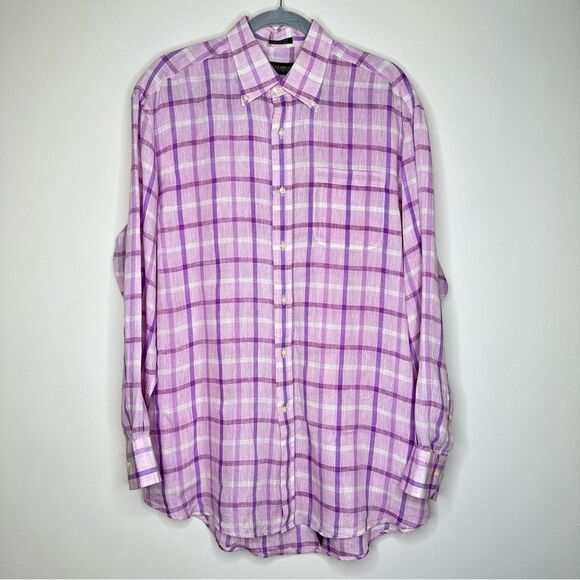 Hathaway Platinum men's lilac checked linen shirt - Picture 1 of 6